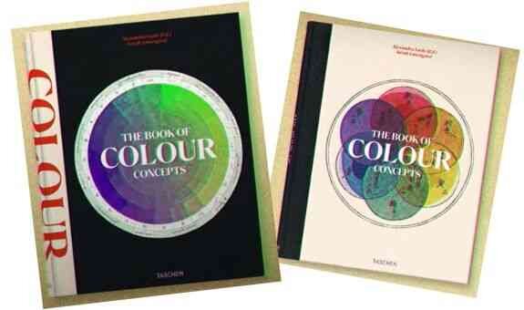 Zwei Bücher mit dem Titel "The Book of Colour Concepts" liegen nebeneinander, eines mit schwarzem und eines mit weißem Cover.