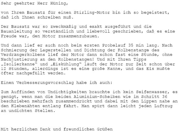 Brief, formeller Brief mit Text über einen Stirling-Motor, Bau, Testlauf und Verbesserungsvorschläge.