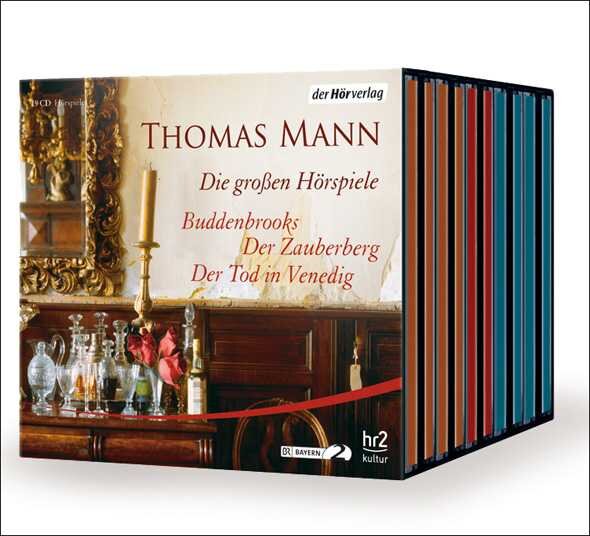 Buchbox mit Hörspiel-Edition von Thomas Mann, enthält mehrere CDs, mit Titeln wie "Buddenbrooks" und "Der Zauberberg".