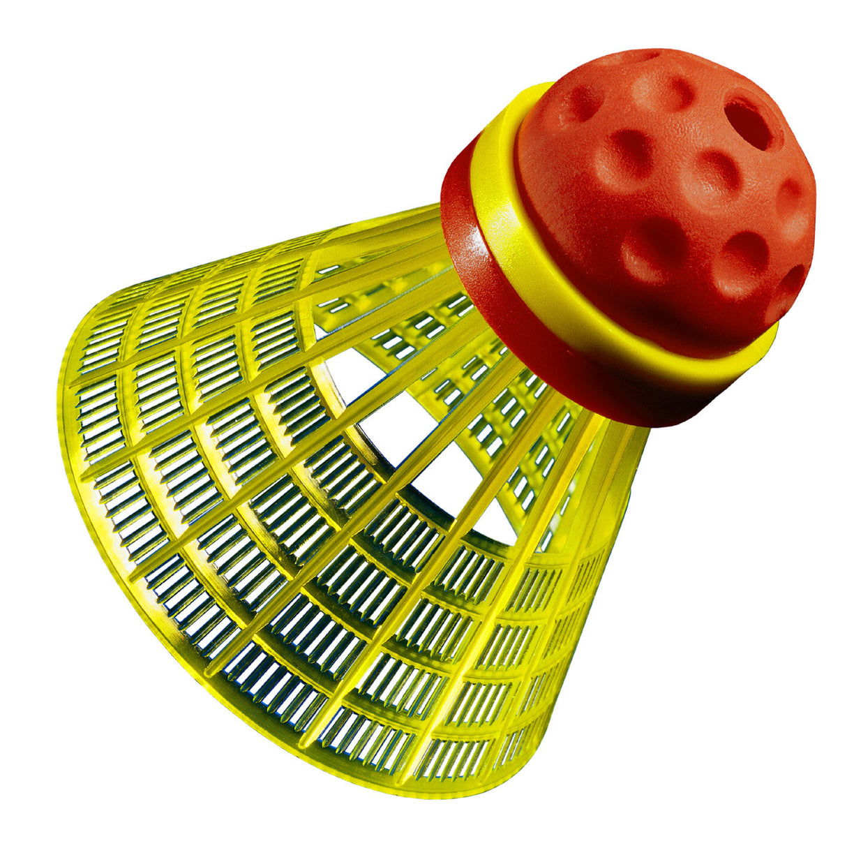 Gelber Plastikkorb mit rotem und gelbem Griff, auf weißem Hintergrund.