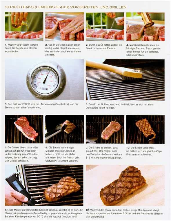 Vorbereitete und gegrillte Strip-Steaks auf dem Grill, mit Temperaturkontrolle und Grillmarkierungen.