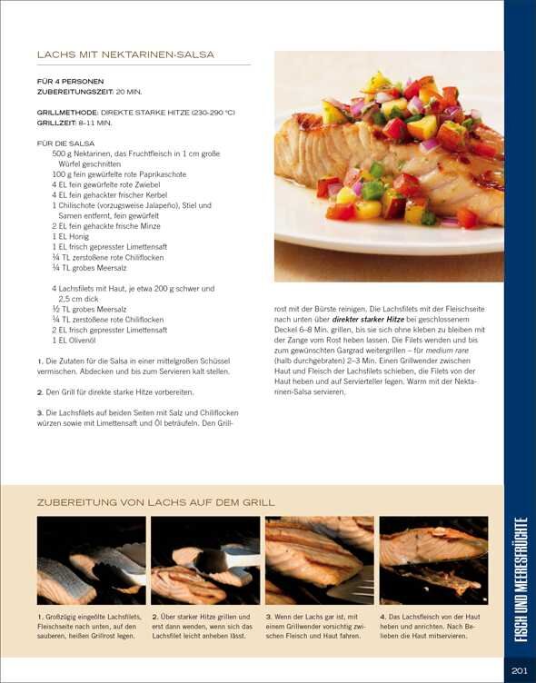 Lachsfilet mit Nektarinen-Salsa auf einem weißen Teller, daneben Zubereitungsschritte und Grillanleitung.