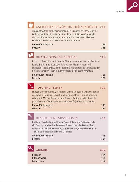 Inhaltsverzeichnis mit Kapiteln zu Kartoffeln, Nudeln, Tofu, Desserts und Anhängen, mit Seitenzahlen.