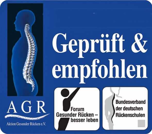 Grafik eines menschlichen Rückens mit Wirbelsäule, Text "Geprüft & empfohlen" und Logos von Rückenverbänden.