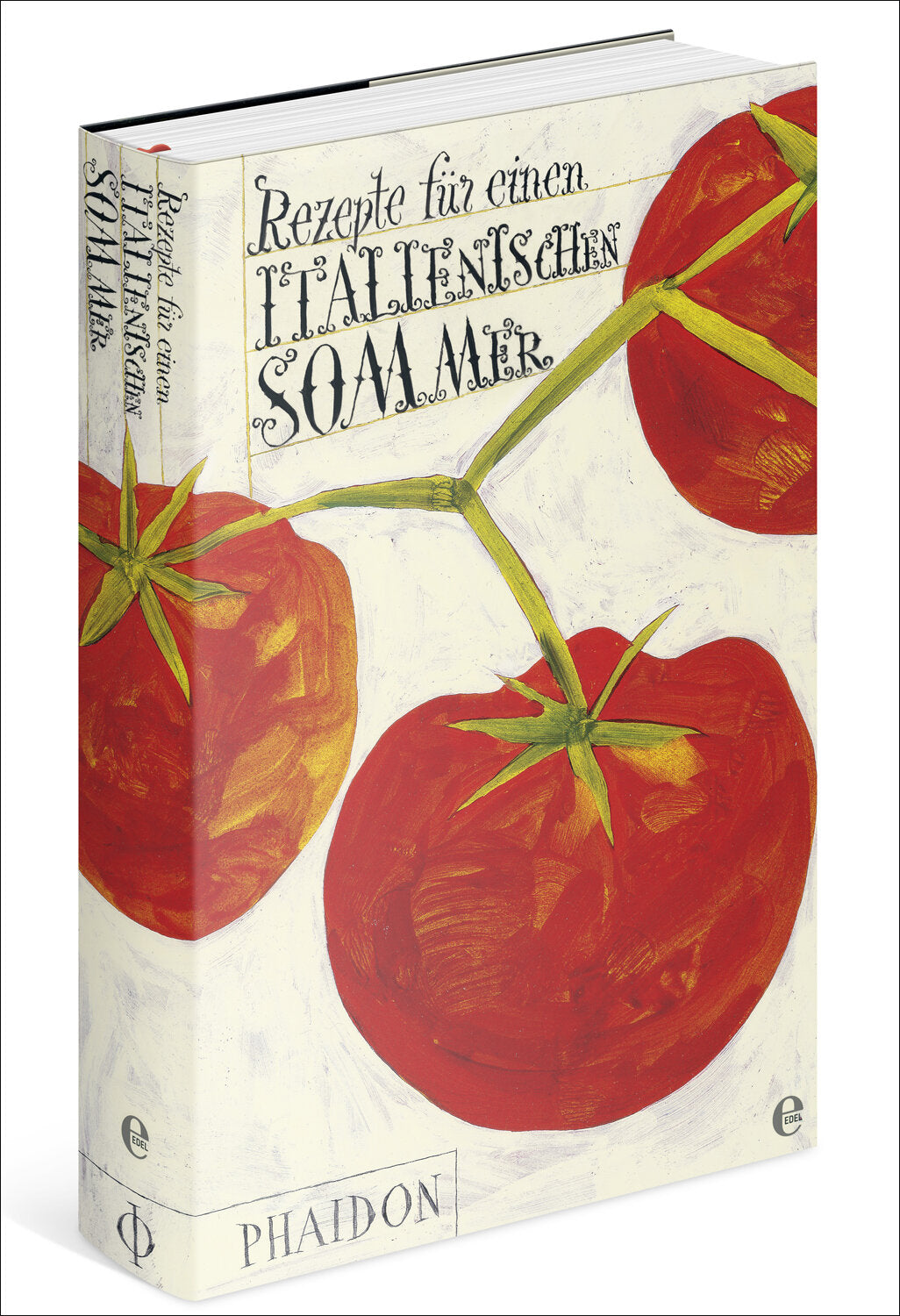 Buchcover mit Illustration von drei Tomaten und dem Titel "Rezepte für einen italienischen Sommer".