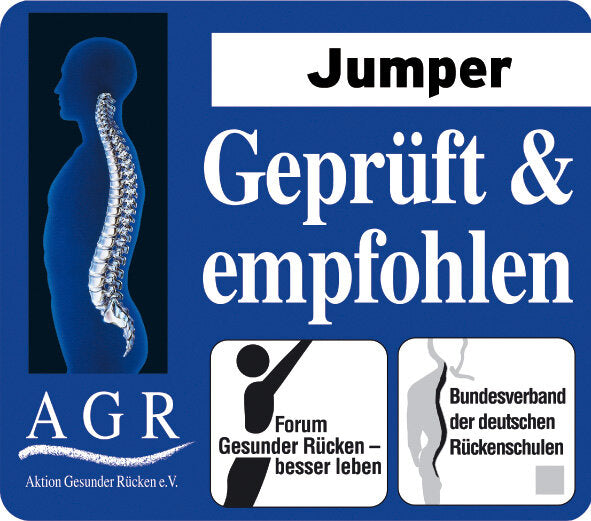 Grafik eines menschlichen Profils mit sichtbarer Wirbelsäule, Text "Jumper geprüft & empfohlen" und Logos von Rückenverbänden.