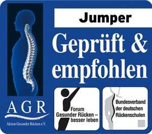 Grafik eines menschlichen Rückens, Text mit "Jumper geprüft & empfohlen" und Logos von Rückenverbänden.