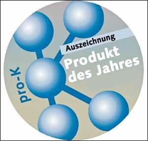 Grafik mit blauen Molekülen, Text "Auszeichnung Produkt des Jahres" und "Pro-K" auf grauem Hintergrund.