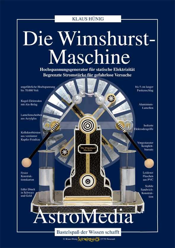 Buchcover mit Titel "Die Wimshurst-Maschine" und Illustration einer Wimshurst-Maschine mit Beschreibungen.