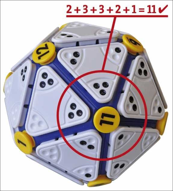 Ein Würfel aus mehreren zusammengesetzten Dominosteinen mit der Gleichung "2+3+3+2+1=11" und der Zahl 11 in der Mitte.
