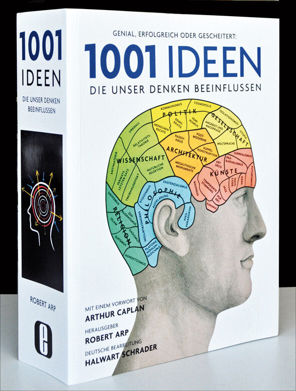 Buchcover mit Titel "1001 Ideen" und Illustration eines menschlichen Kopfes mit farblich markiertem Gehirn