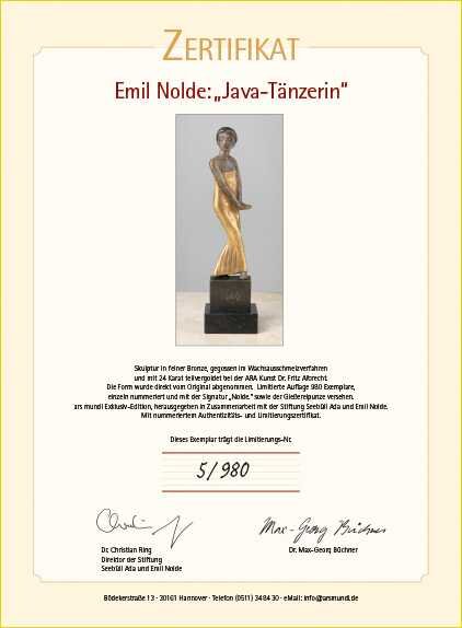 Zertifikat für Emil Nolde als Java-Tänzerin, nummeriert 5/980, mit Abbildung einer bronzefarbenen Skulptur auf schwarzem Sockel.