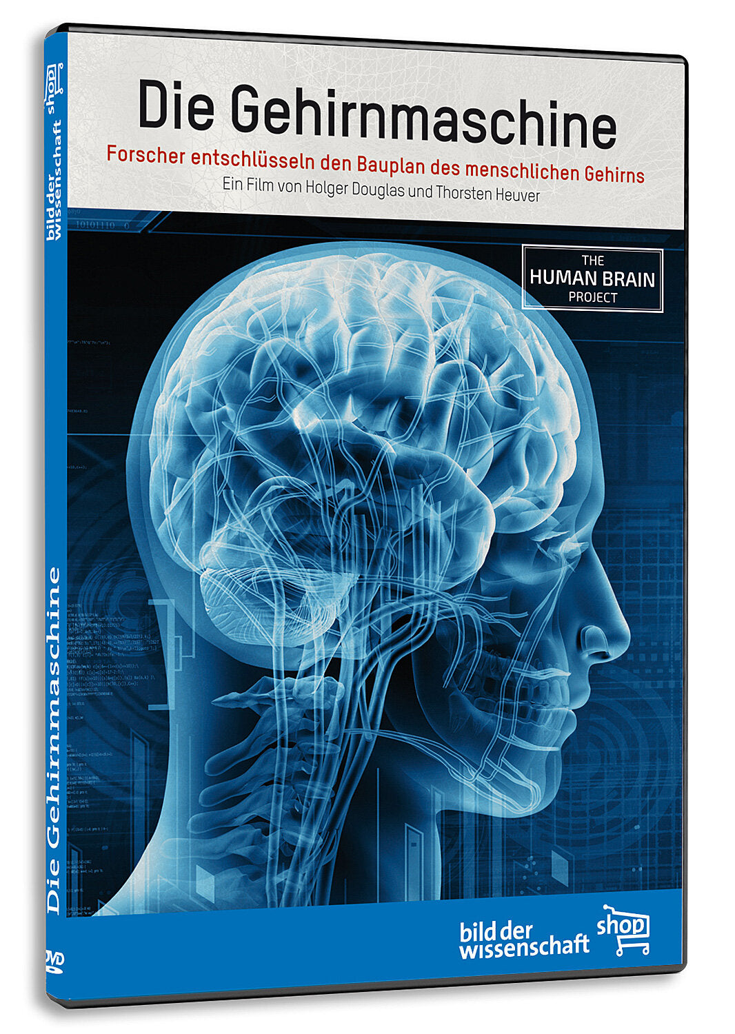 DVD-Hülle mit einem blauen, digitalen Abbild eines menschlichen Kopfes und Gehirns, Titel: "Die Gehirnmaschine".