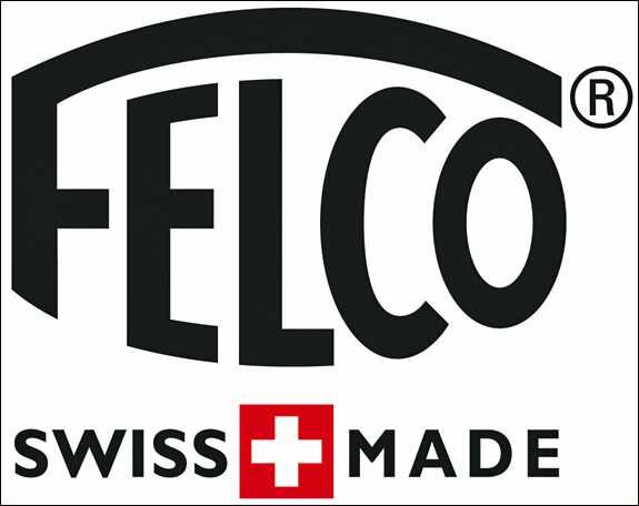 Logo mit schwarzem Bogen, der Text "FELCO" in Großbuchstaben, darunter "SWISS MADE" mit rotem Kreuz.