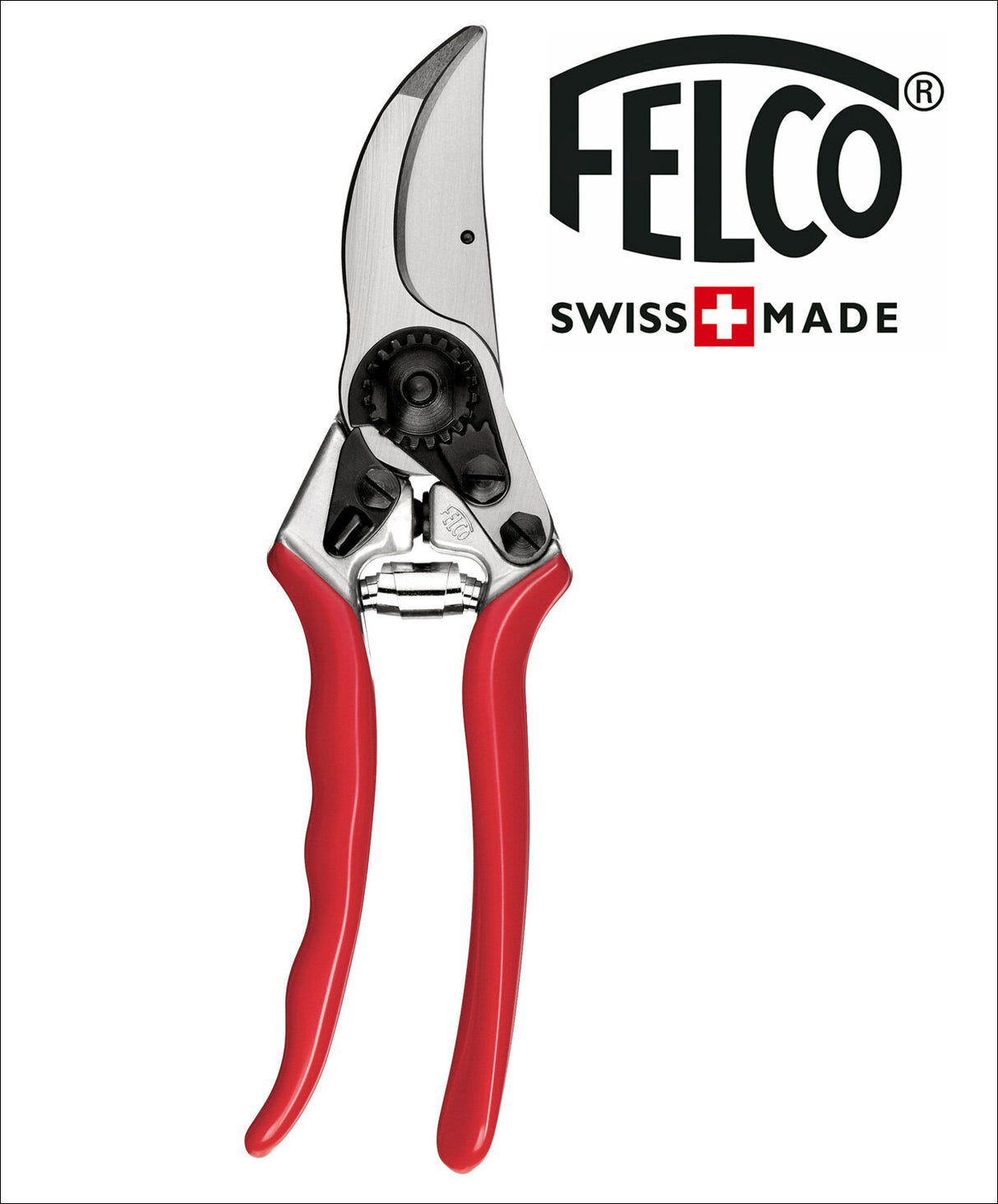 Biege- und Gartenschere mit roten Griffen, Marke Felco, Swiss Made, auf weißem Hintergrund.