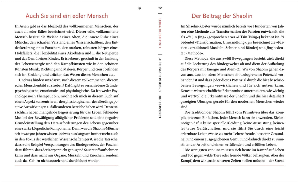 Zwei Buchseiten mit Text über den Shaolin, mit Überschriften in Rot, schwarzer Fließtext, Seitenzahlen 19 und 20.