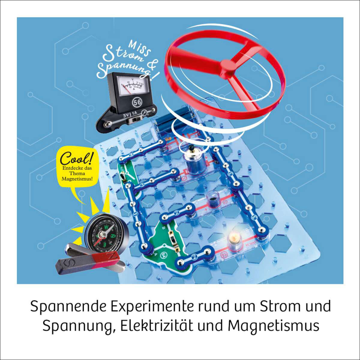 Experimentieraufbau mit Magnetismus, Strom, Spannung, Leiterbahn, Kompass, Uhr, LED und Magnet.