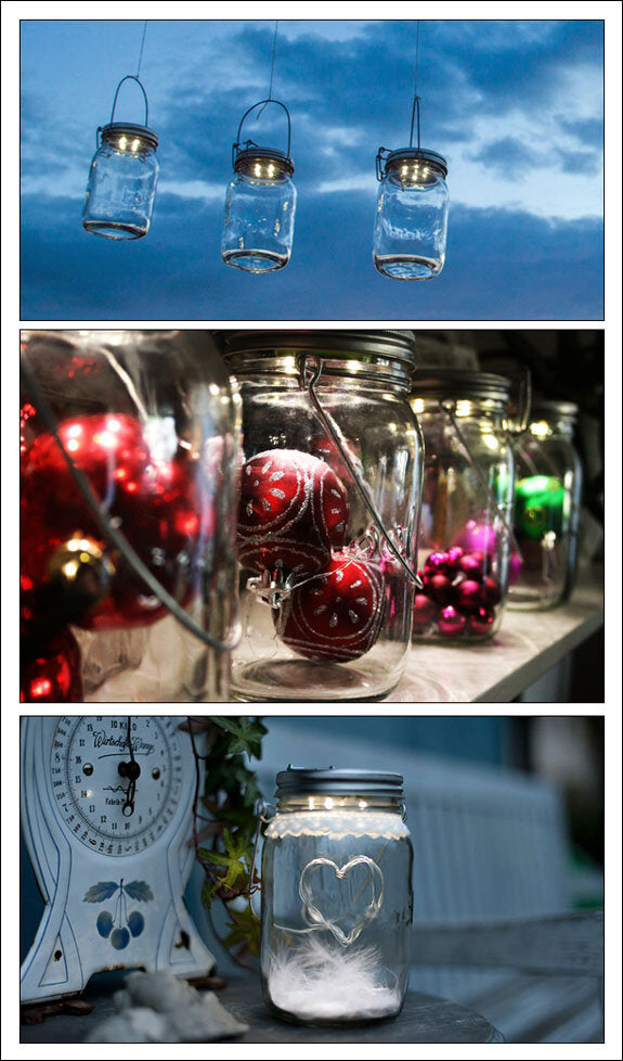 Drei Bilder von dekorativen Gläsern mit Lichterketten, Weihnachtskugeln und Herz-Design, jeweils an unterschiedlichen Orten.