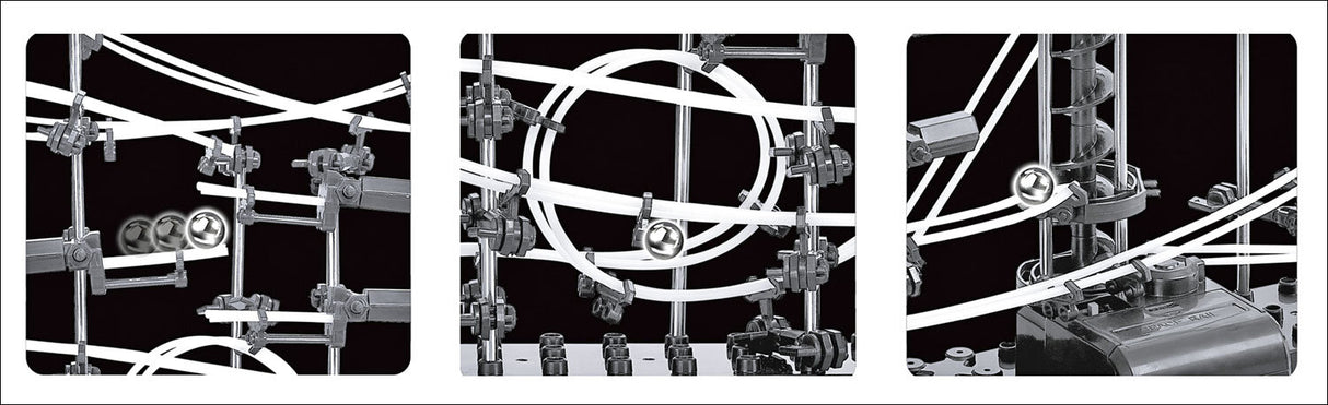Drei Bilder eines mechanischen Kugelbahnsystems mit weißen Bahnen, Metallstützen und Kugeln.