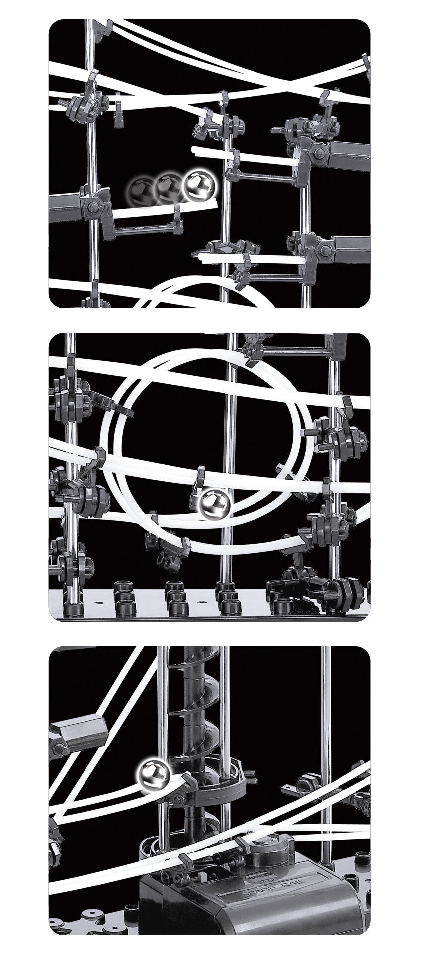 Drei Bilder von einer mechanischen Kugelbahn mit weißen Bahnen, Metallstützen und Kugeln in Bewegung.