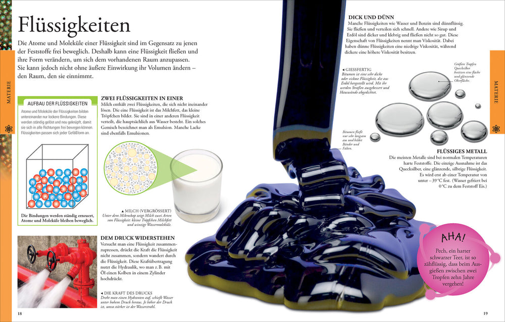 Bilder von Flüssigkeiten, Wasser, Benzin, Metall, Wasserpumpe, Glas mit Milch, Wasserflecken, Wasser, schwarzer Teer.
