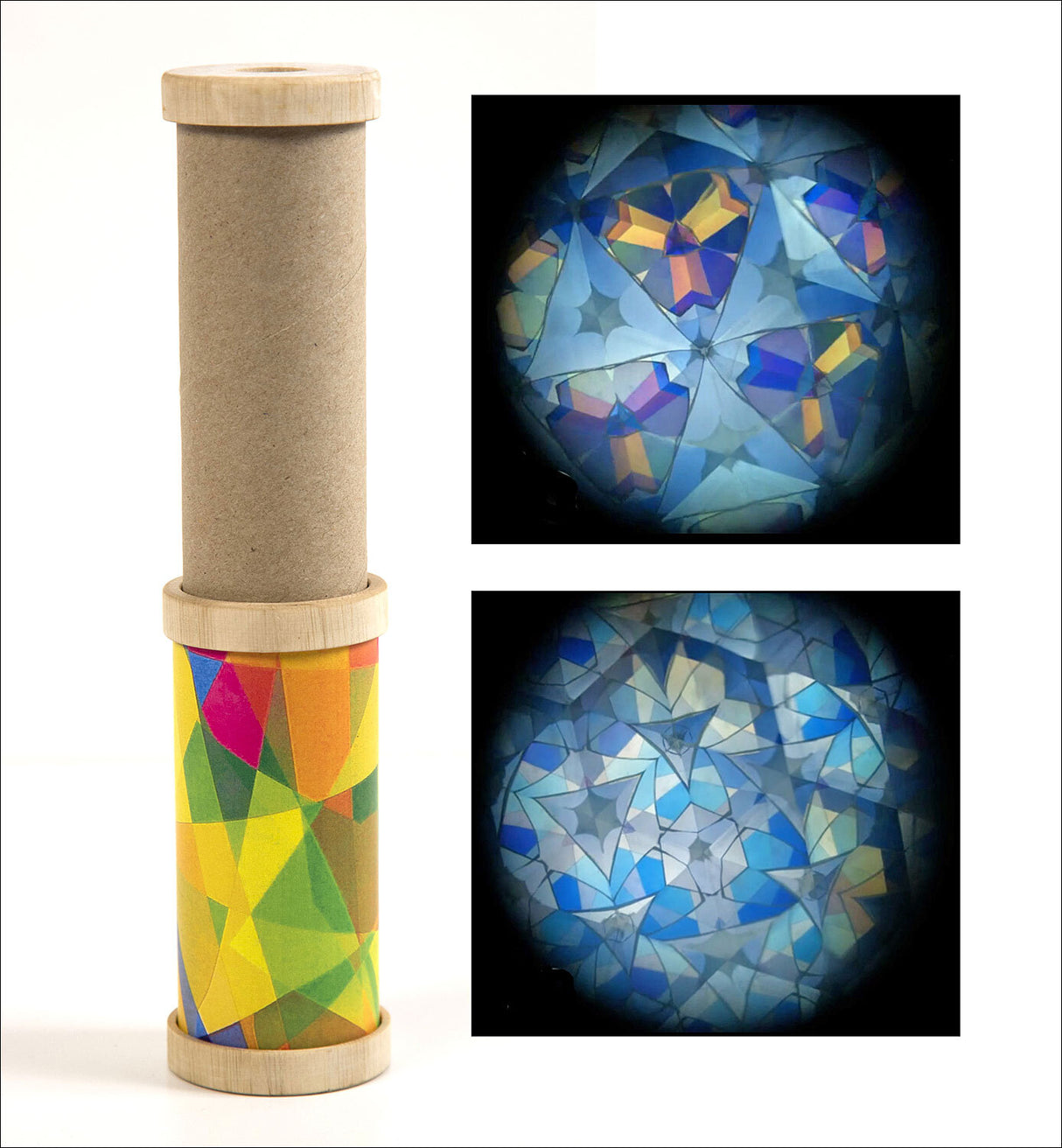 Kartonrohr mit buntem Muster, daneben zwei Bilder von durchleuchteten, geometrischen, blauen Glasobjekten.