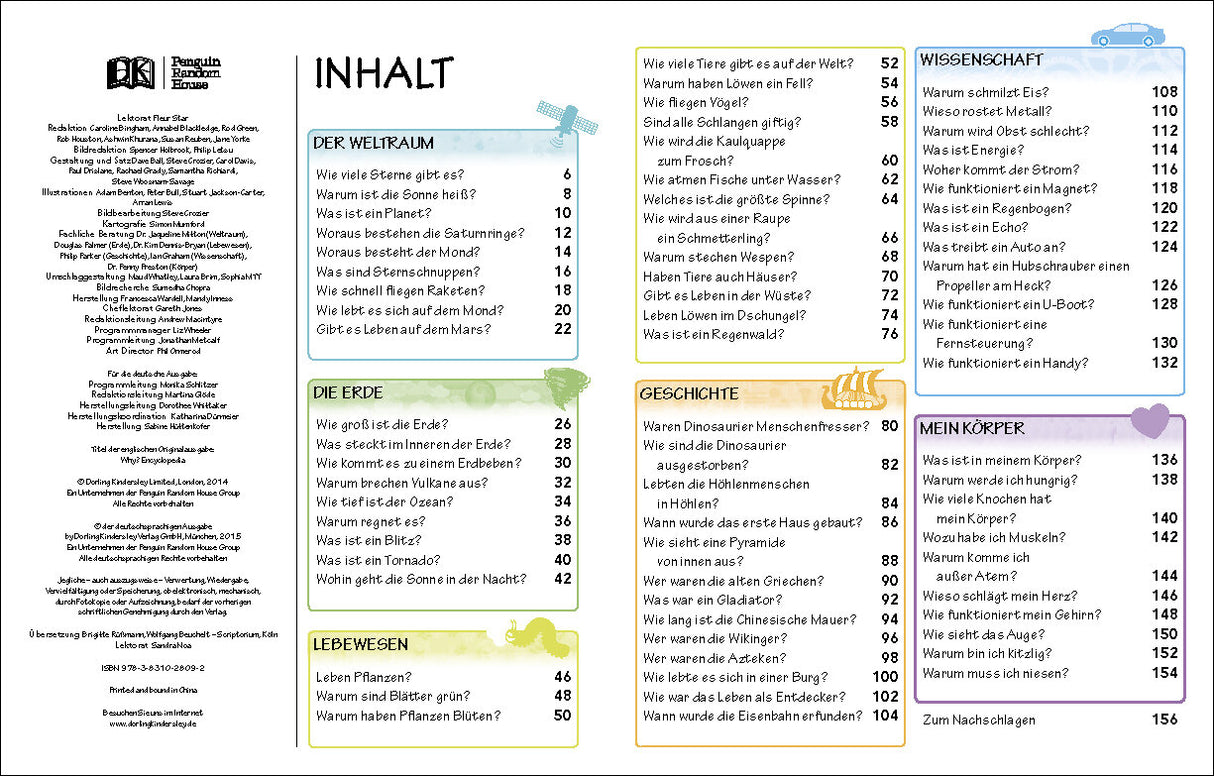Inhaltsverzeichnis mit Kategorien: Der Weltraum, Erde, Lebenwesen, Geschichte, Wissenschaft, Mein Körper.