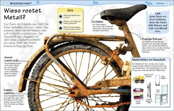Ein rostiges Fahrrad mit einem schwarzen Reifen und einem weißen Sattel, das auf einer Infotafel über Rost erklärt.