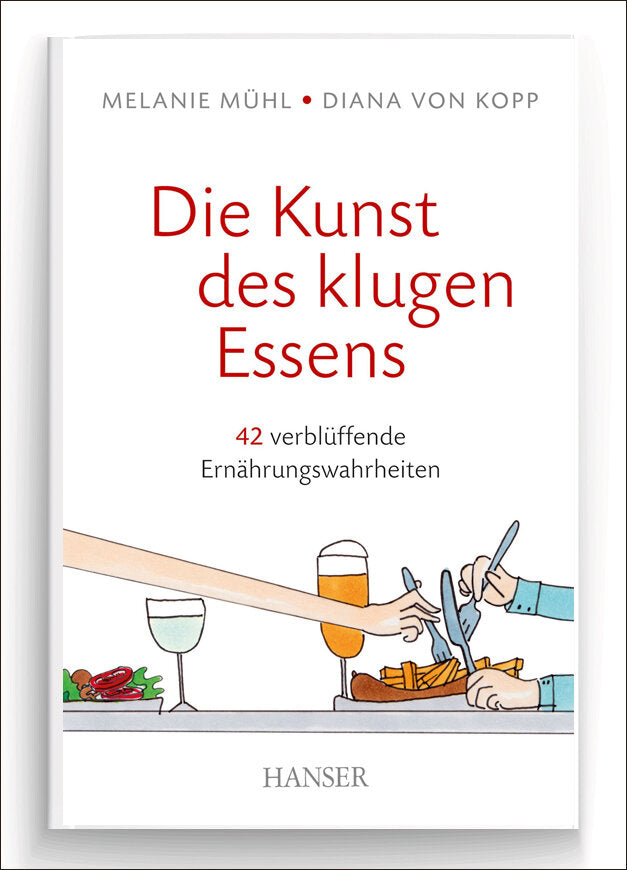 Buchcover mit Titel "Die Kunst des klugen Essens", Autoren Melanie Mühl und Diana von Kopp, Illustration von Händen beim Essen.