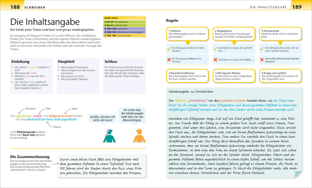 Textseite mit Überschriften, Textblöcken, farbigen Markierungen, Illustrationen und einem Textkasten.