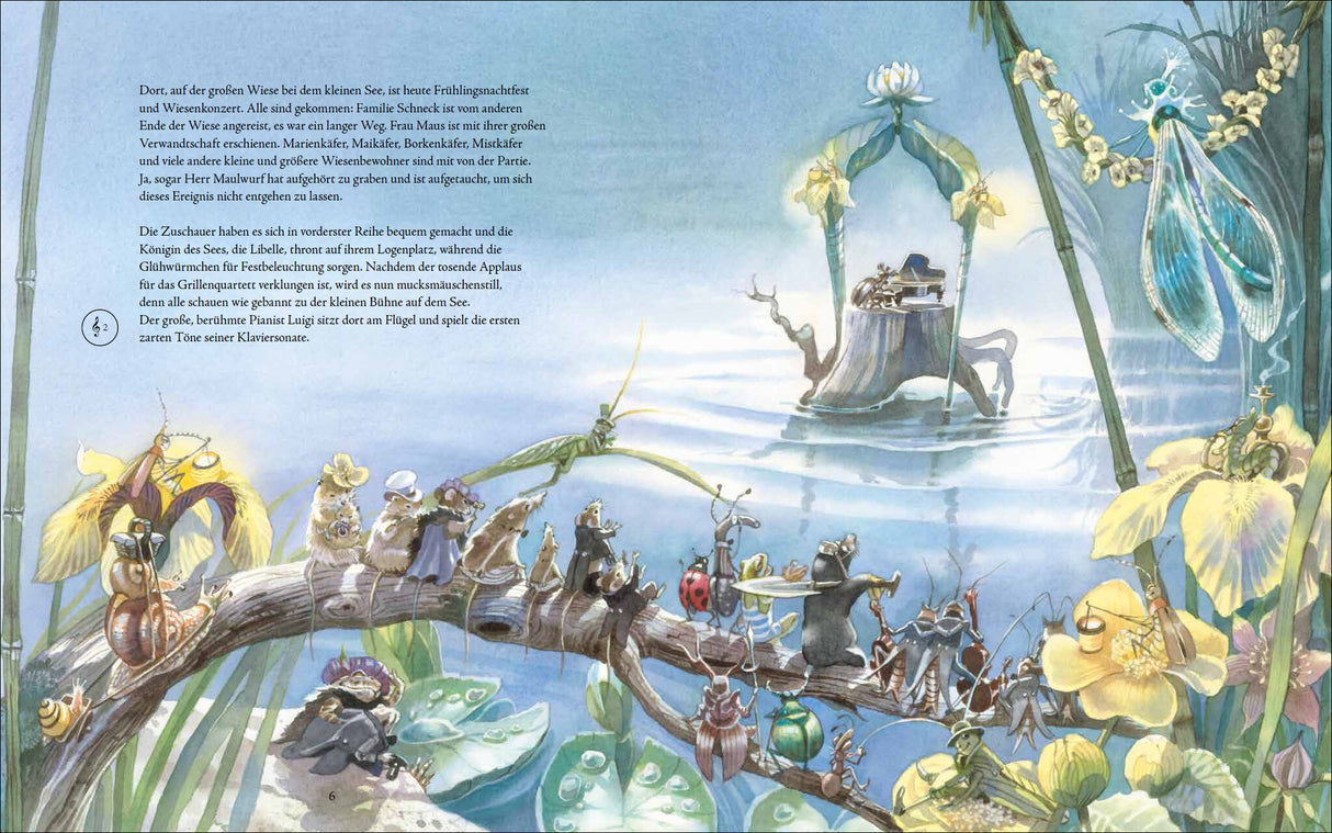 Bunte Insekten und kleine Tiere sitzen auf einem Ast und im Wasser, umgeben von großen Blumen und Pflanzen.