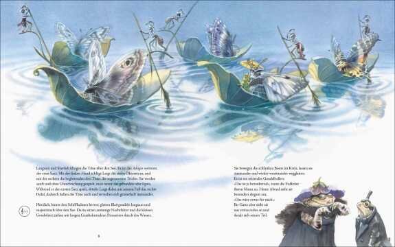 Mehrere kleine Boote mit blauen und grünen Segeln, auf denen Schmetterlinge sitzen, schwimmen auf Wasser.