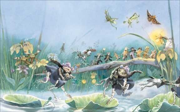 Frosch- und Tierfiguren in einer Fantasiewelt auf Wasserpflanzen, mit Fliegen und Schmetterlingen im Hintergrund.