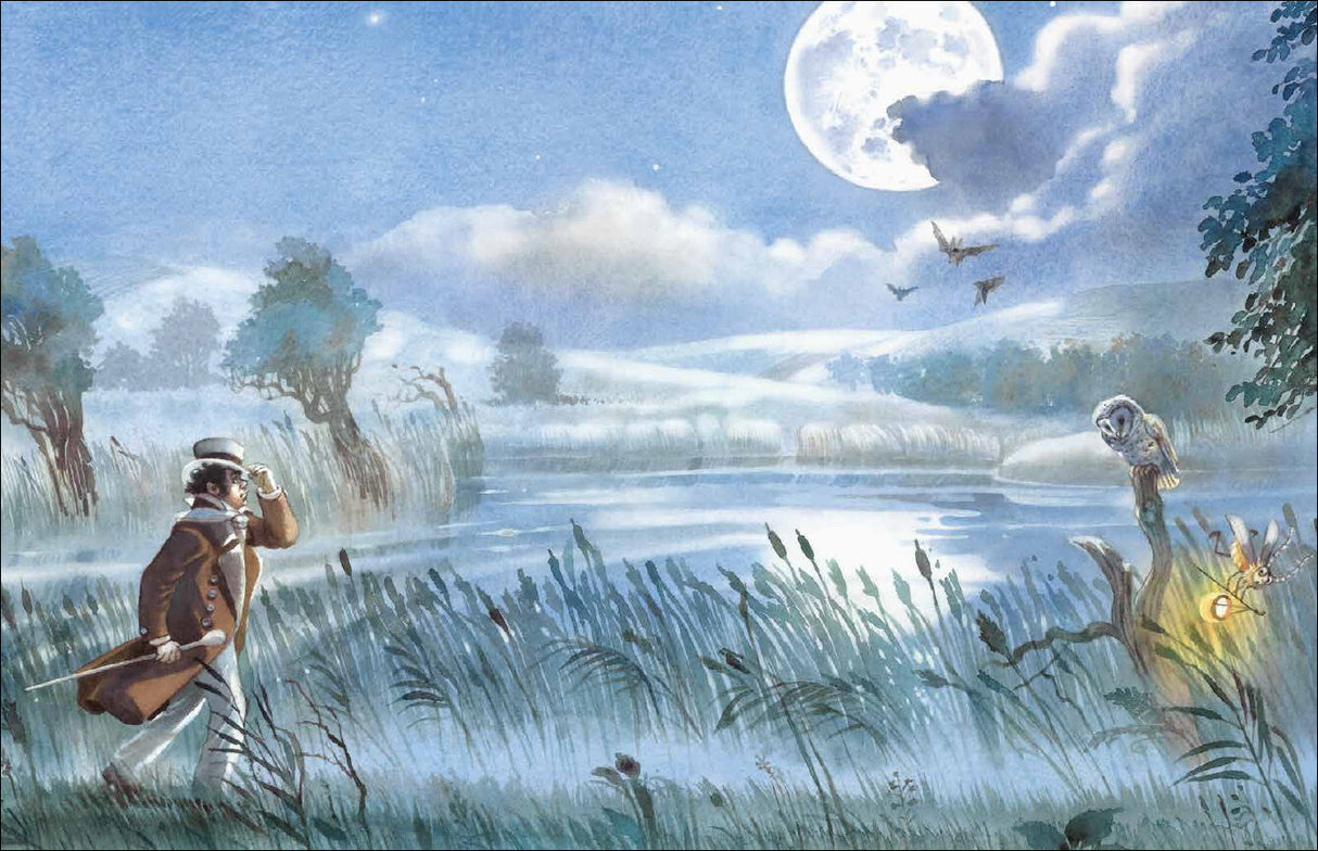 Mann im 18. Jahrhundert mit Hut und Stock am Fluss bei Vollmond, umgeben von Bäumen, Vögeln, Eule und Glühwürmchen.