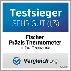 Testsiegel mit "Testsieger Sehr Gut" (1,3), Fischer Präzisionsthermometer, Vergleich.org, Datum 10/2015.