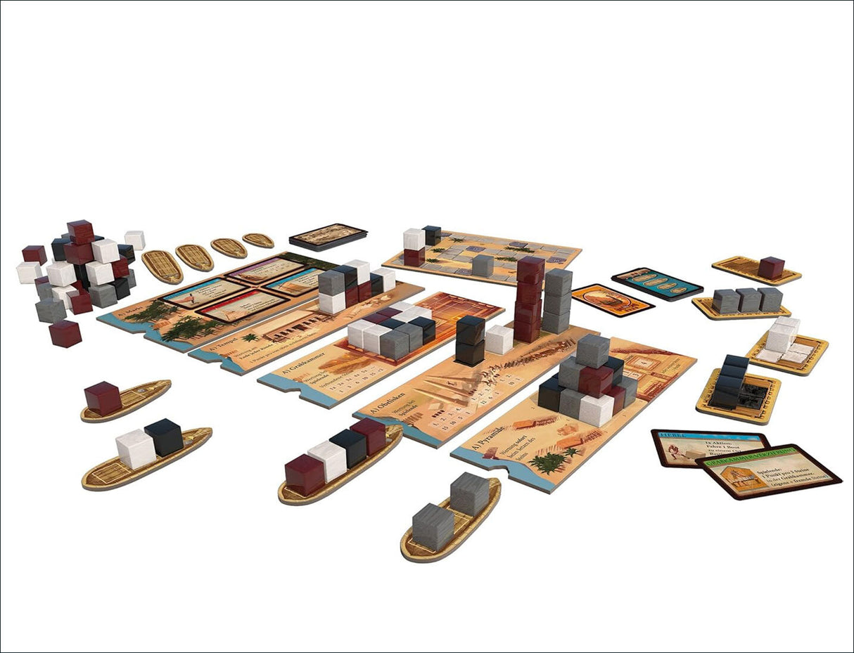 Brettspiel mit Karten, Spielplänen, Holz- und Kunststoffsteinen, Booten und Spielmaterialien.