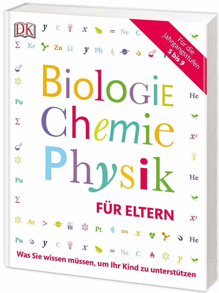 Buchcover mit bunten Buchstaben und wissenschaftlichen Symbolen, Titel "Biologie, Chemie, Physik für Eltern".