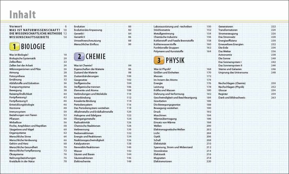 Inhaltsverzeichnis mit Kapiteln zu Biologie, Chemie und Physik, inklusive Unterthemen und Seitenzahlen.