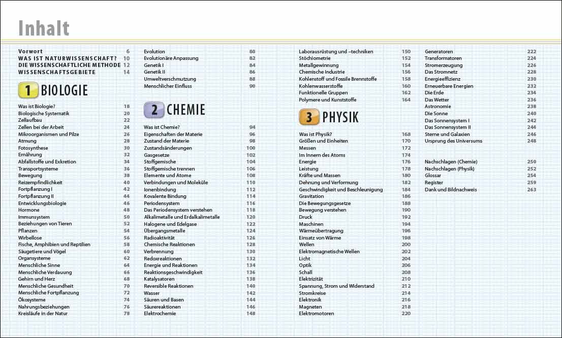 Inhaltsverzeichnis mit Kapiteln zu Biologie, Chemie und Physik, inklusive Unterthemen und Seitenzahlen.