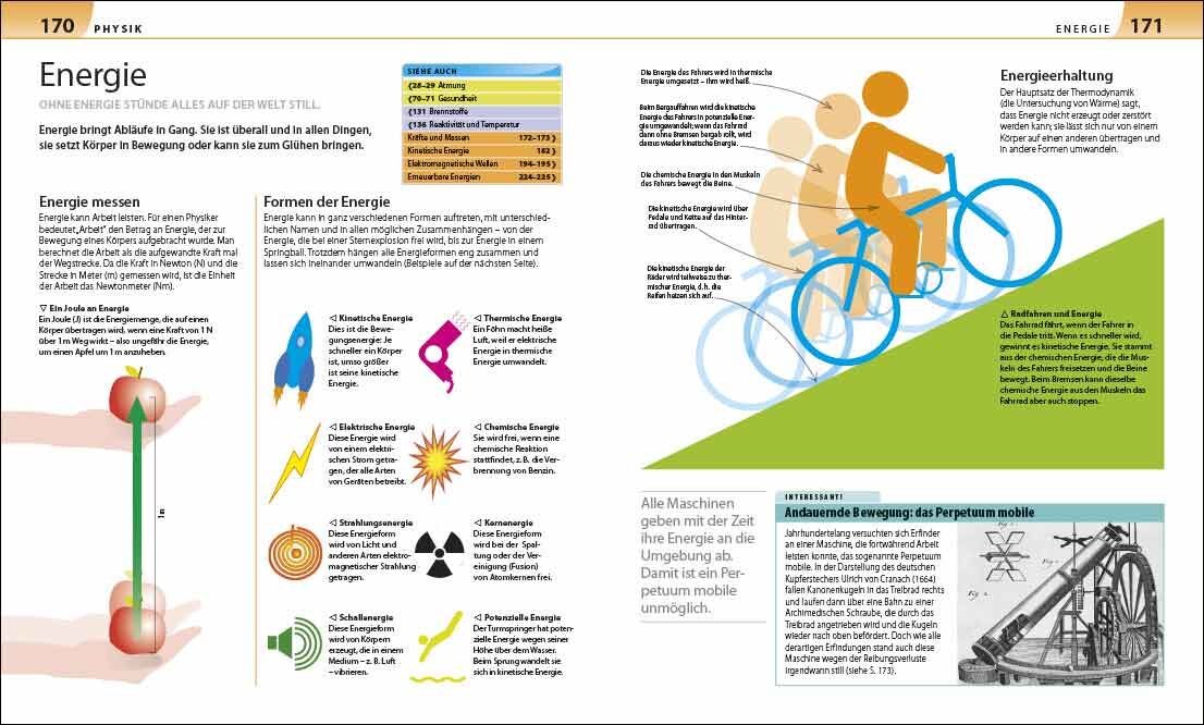 Person fährt Fahrrad auf grünem Hügel, neben Text über Energie und Bewegung.