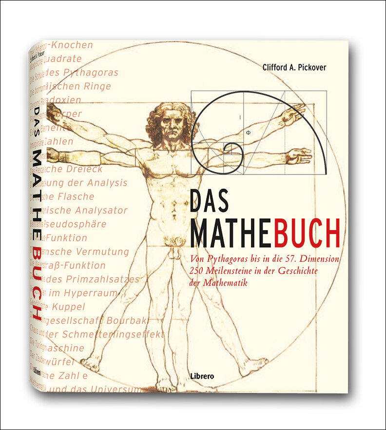 Buchcover mit Vitruvianischer Menschenzeichnung, Titel "Das Mathebuch", Untertitel und Autor Cliff A. Pickover.