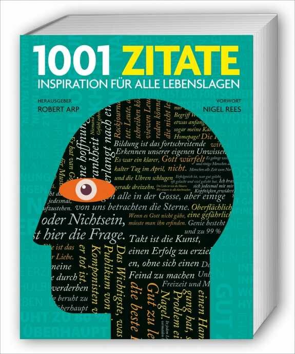 Buchcover mit Titel "1001 Zitate" und einem schwarzen Kreis mit Text, einer orange-weißen Augenillustration.
