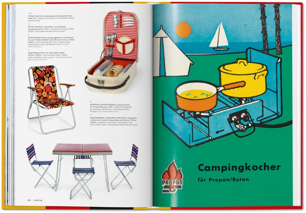 Illustration eines Campingkochers mit zwei Töpfen, im Hintergrund ein Segelboot, Sonne und Wasser.