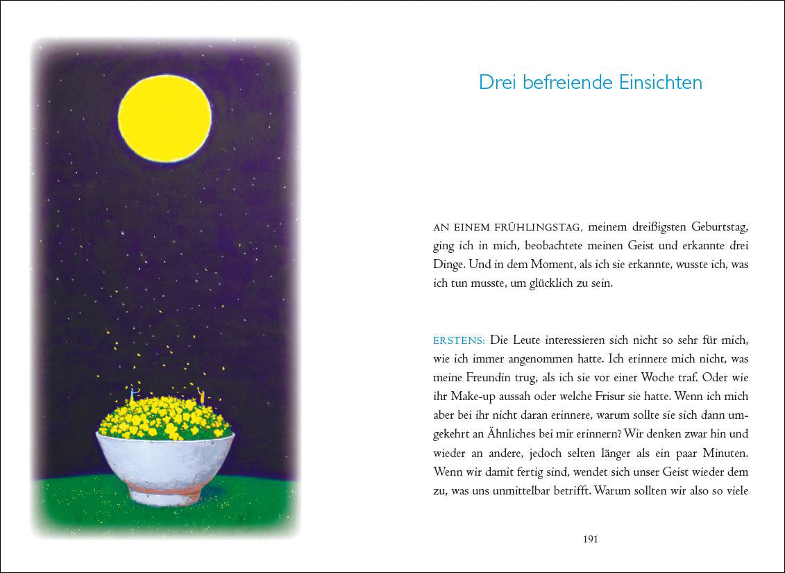 Mond über einem Blumentopf mit gelben Blumen, Sterne am Himmel, grüne Wiese im Vordergrund.