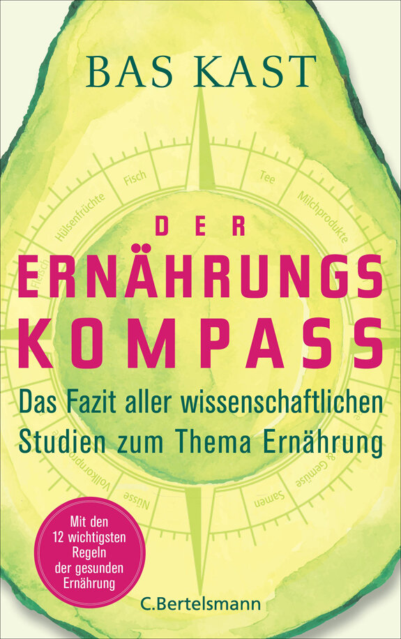 Buchcover mit einer Zitronenscheibe, Titel "Der Ernährungskompass" und Untertitel, pinker Kreis mit Text, Autor C. Bertelsmann.