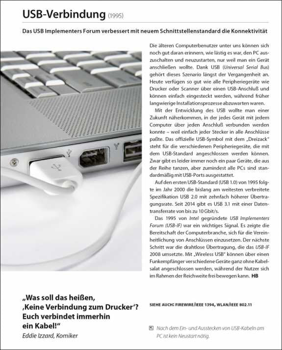 USB-Kabel, mehrere USB-Ports, USB-Standard-Logo, Text auf Seite über USB-Verbindung und Geräte.