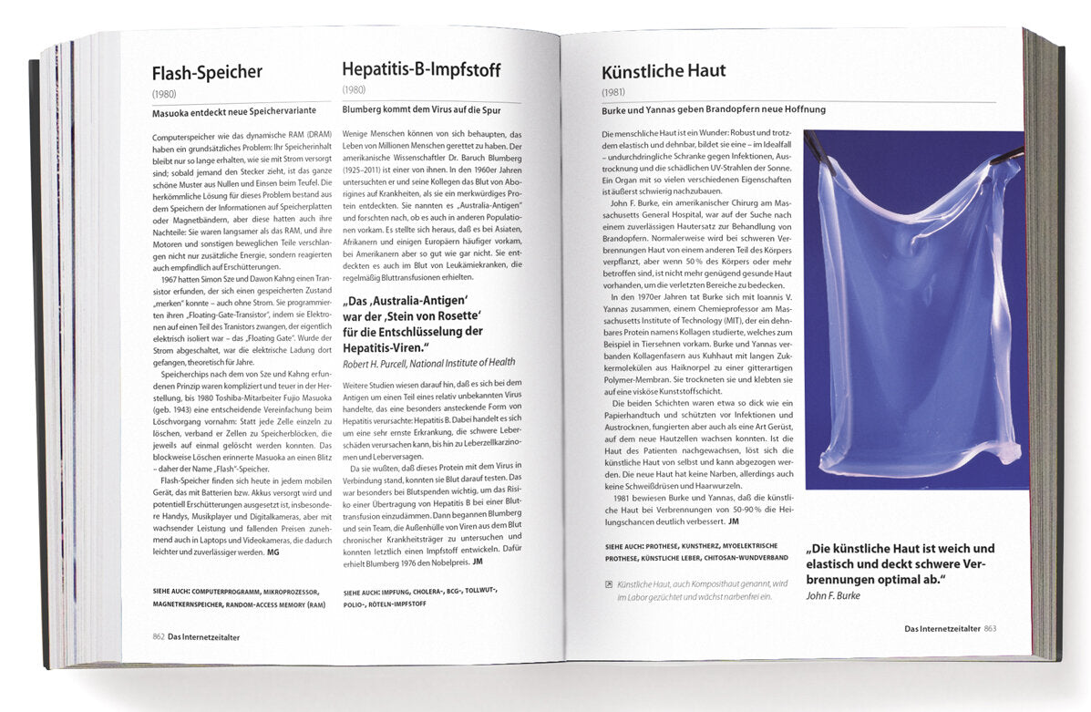Offene Buchseite mit Text zu verschiedenen wissenschaftlichen Themen, darunter Hepatitis-Impfstoff und künstliche Haut.