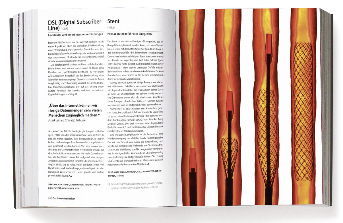 Seiten eines Buchs mit Text über Stent und Blutgefäße, rechts farbige, stilisierte Darstellungen von Blutgefäßen.