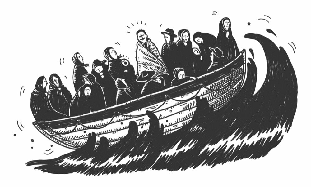 Menschen sitzen in einem Boot auf stürmischer See, einige schauen nach oben, andere schauen nach vorne.