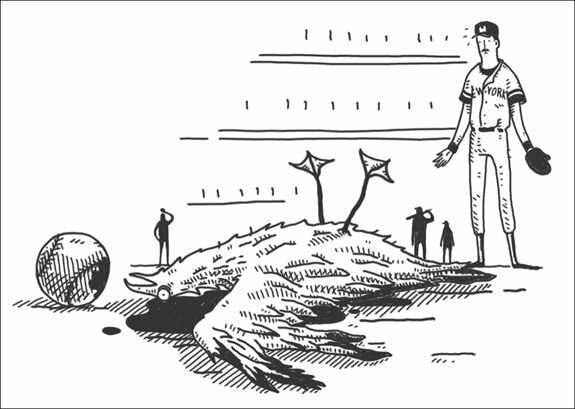 Zeichnung eines riesigen Hand- und Arm-ähnlichen Objekts mit Pflanzen, Menschen und Baseballspieler im Hintergrund.